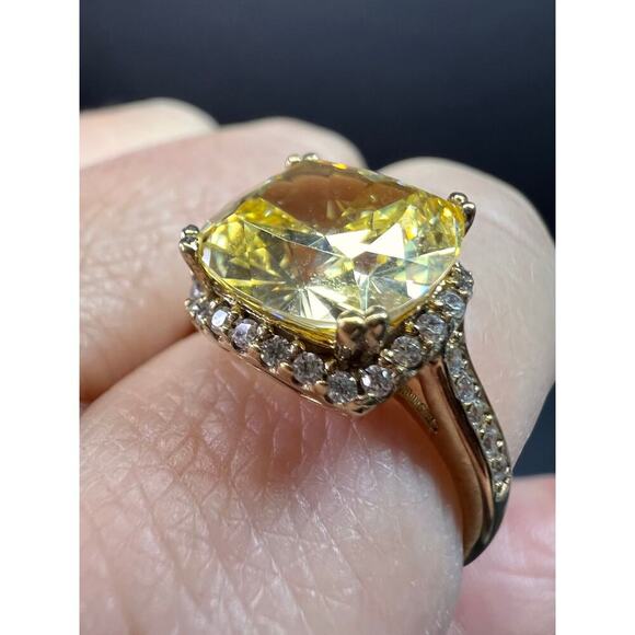 Yellow CZ halo ring in gold over sterling silver size 9 - Picture 5 of 16